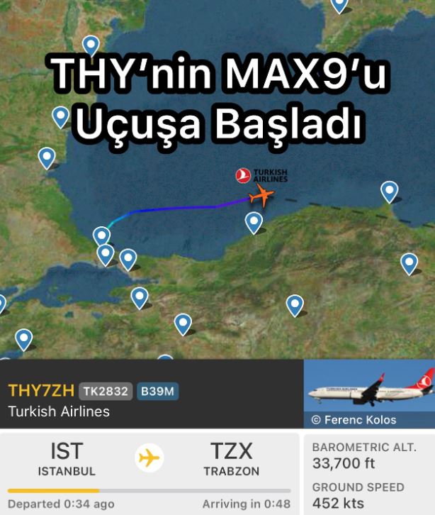 Türk Hava Yolları’nın Boeing 737 MAX 9 tipi uçağı Trabzon yolundu.