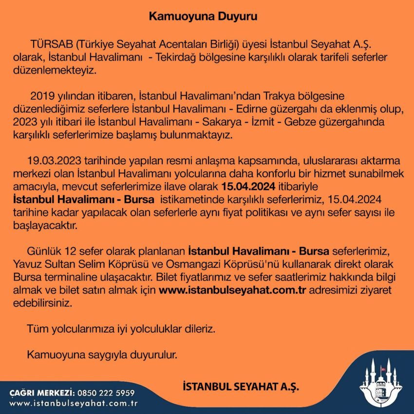 İstanbul Seyahat: “İGA İstanbul Havalimanı-Bursa seferlerimiz başlıyor”