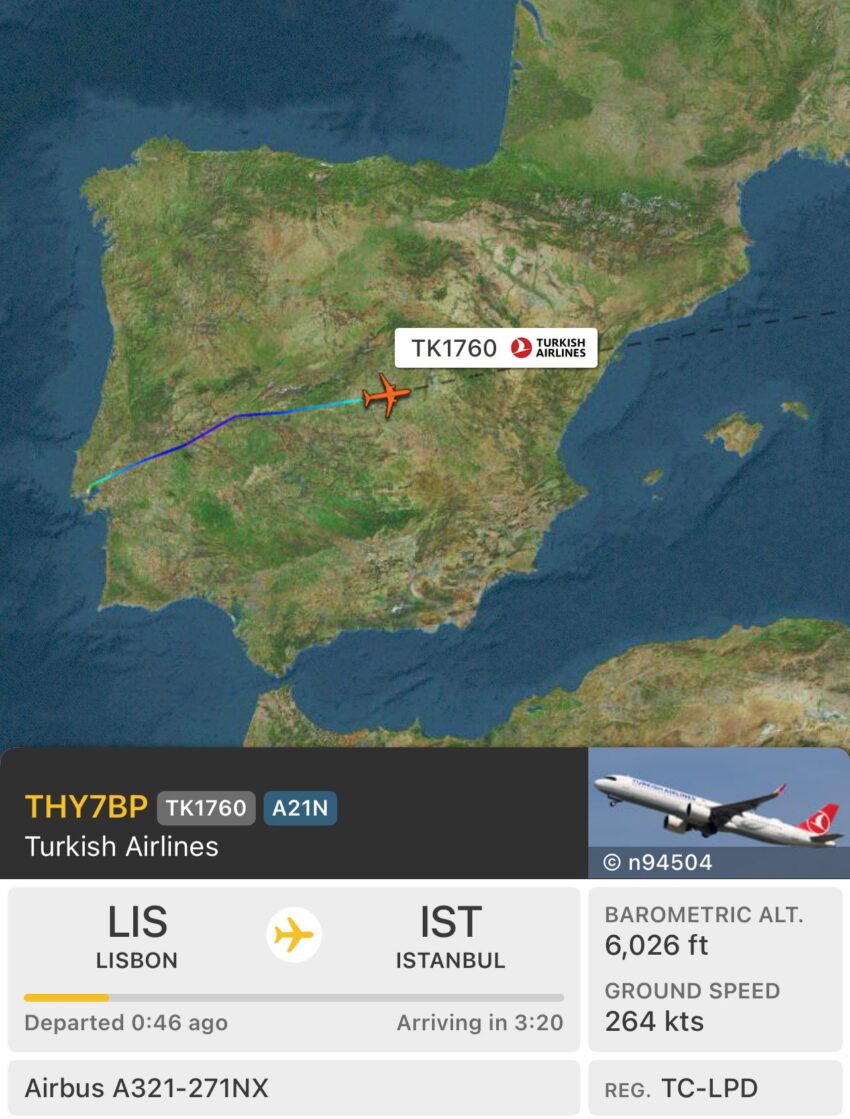 THY’nin #TK1760 Lisbon – İstanbul uçağı Madrid’e divert ediyor.