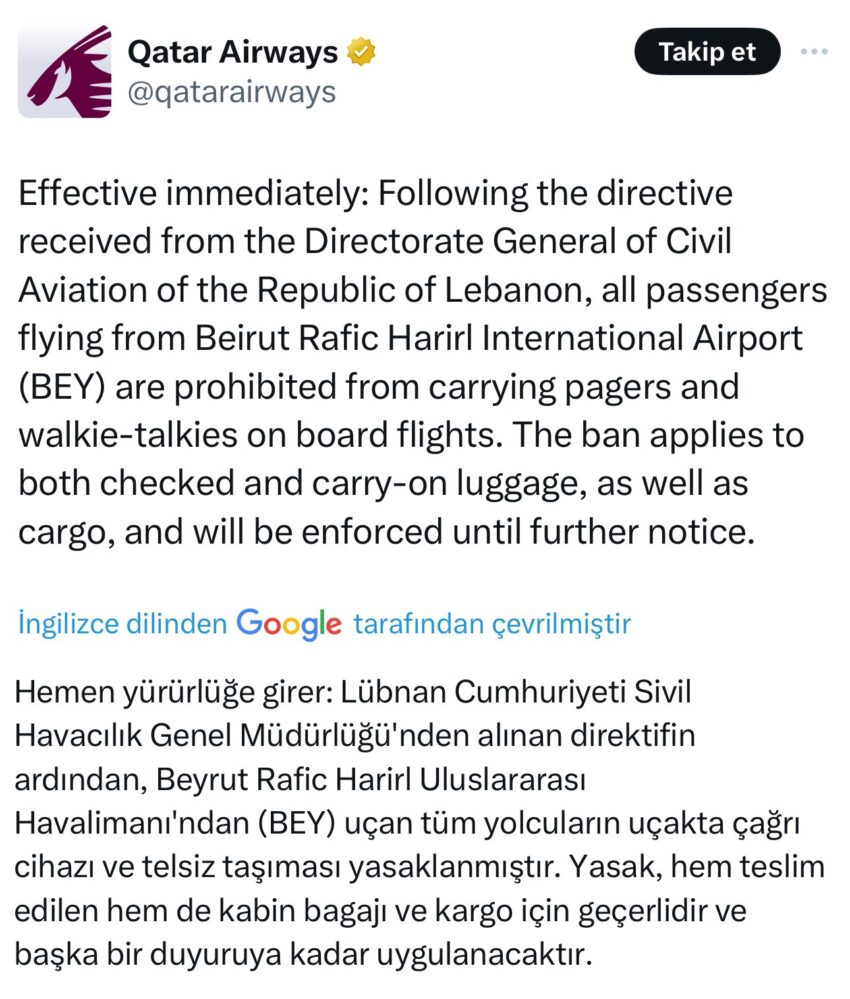 Qatar Airways, Beyrut Uçuşlarında Çağrı Cihazı ve Telsizleri Yasakladı