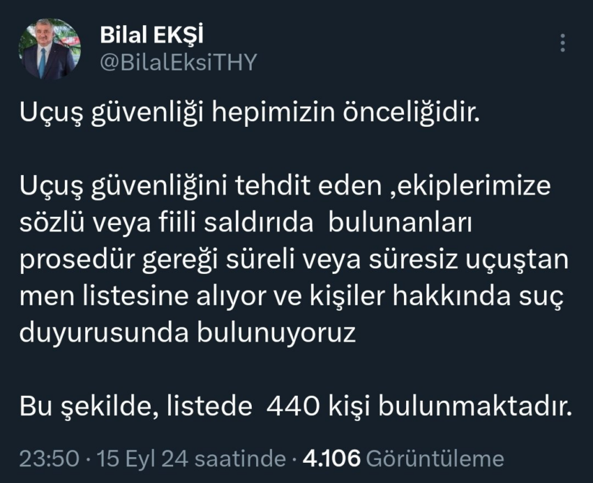 THY Genel Müdürü Bilal Ekşi, Kara Listede 440 Yolcu Bulunduğunu Açıkladı